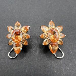 RP 925 Sterling Silver Orange Crystal Floral Clip On Earrings/1” x 3/4” China